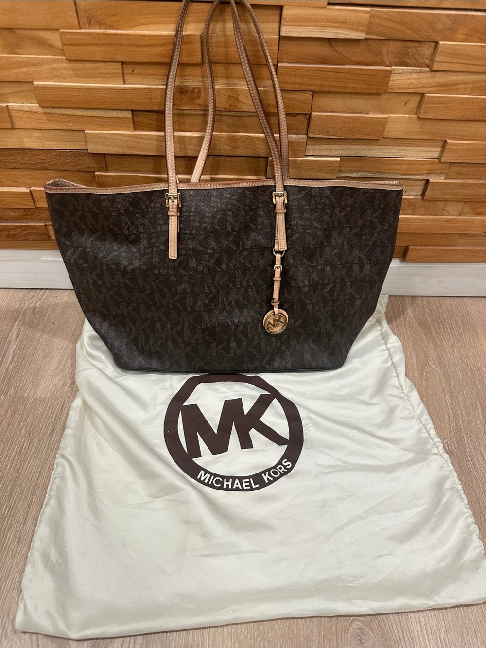 Michael Kors Brown MK Signature Tote with Tan Leather Straps